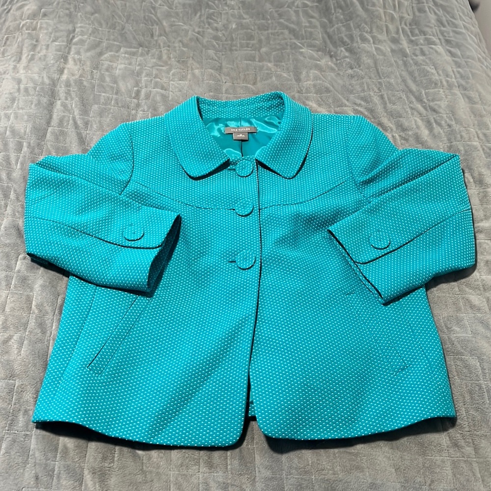 Ann Taylor Peacoat, Blazer, Jacket, Turquoise, White Polka Dots, Retro, Size 10